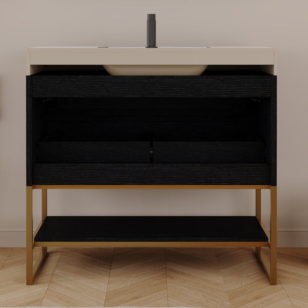 English Elm 36" Sintered Stone Freestanding Bathroom Vanity Soft Close Drawers Gold Hardware Undermount Sink Black/White W3136S00103