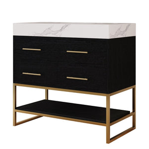 English Elm 36" Sintered Stone Freestanding Bathroom Vanity Soft Close Drawers Gold Hardware Undermount Sink Black/White W3136S00103