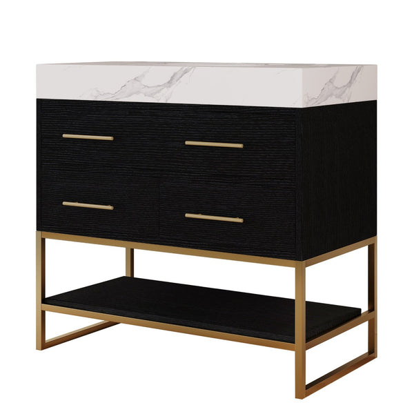 English Elm 36" Sintered Stone Freestanding Bathroom Vanity Soft Close Drawers Gold Hardware Undermount Sink Black/White W3136S00103