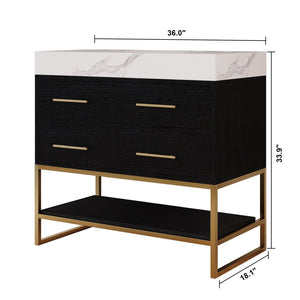 English Elm 36" Sintered Stone Freestanding Bathroom Vanity Soft Close Drawers Gold Hardware Undermount Sink Black/White W3136S00103