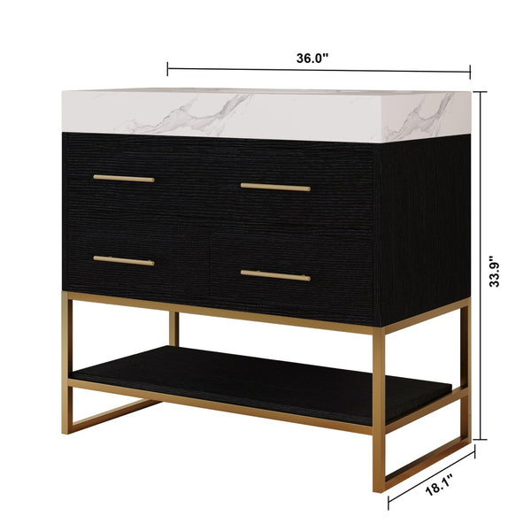 English Elm 36" Sintered Stone Freestanding Bathroom Vanity Soft Close Drawers Gold Hardware Undermount Sink Black/White W3136S00103