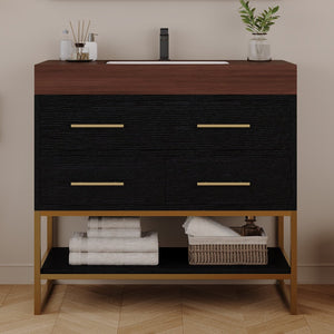 English Elm 36" Sintered Stone Freestanding Bathroom Vanity Soft Close Drawers Gold Hardware Undermount Sink Black/Walnut W3136S00104
