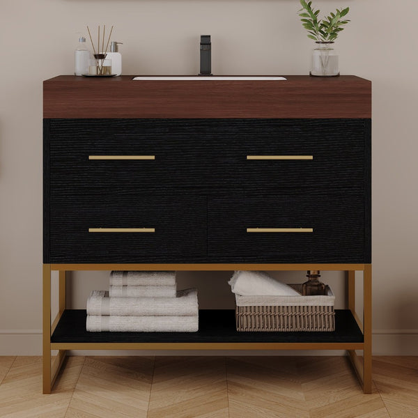 English Elm 36" Sintered Stone Freestanding Bathroom Vanity Soft Close Drawers Gold Hardware Undermount Sink Black/Walnut W3136S00104