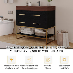 English Elm 36" Sintered Stone Freestanding Bathroom Vanity Soft Close Drawers Gold Hardware Undermount Sink Black/Walnut W3136S00104