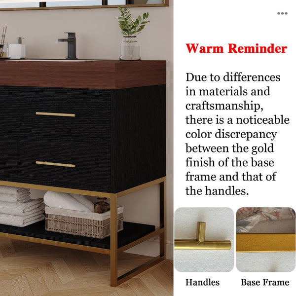 English Elm 36" Sintered Stone Freestanding Bathroom Vanity Soft Close Drawers Gold Hardware Undermount Sink Black/Walnut W3136S00104