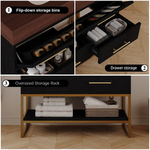 English Elm 36" Sintered Stone Freestanding Bathroom Vanity Soft Close Drawers Gold Hardware Undermount Sink Black/Walnut W3136S00104