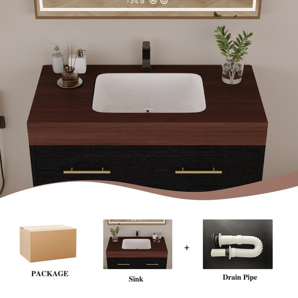 English Elm 36" Sintered Stone Freestanding Bathroom Vanity Soft Close Drawers Gold Hardware Undermount Sink Black/Walnut W3136S00104