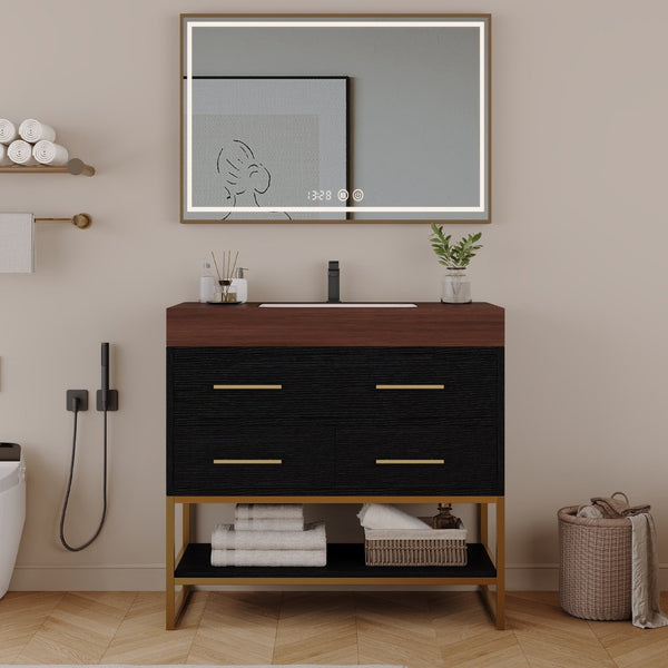 English Elm 36" Sintered Stone Freestanding Bathroom Vanity Soft Close Drawers Gold Hardware Undermount Sink Black/Walnut W3136S00104