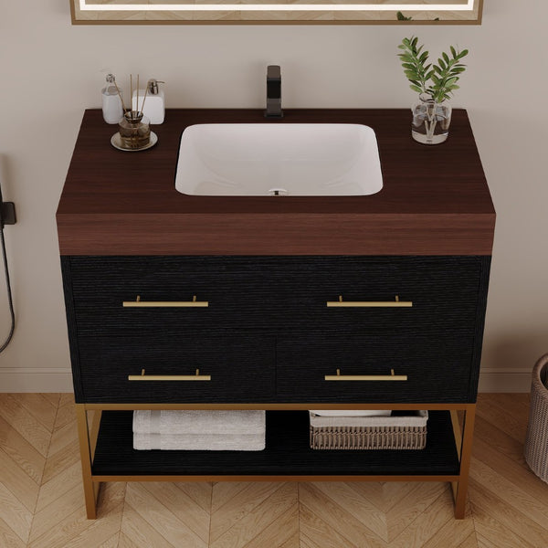English Elm 36" Sintered Stone Freestanding Bathroom Vanity Soft Close Drawers Gold Hardware Undermount Sink Black/Walnut W3136S00104