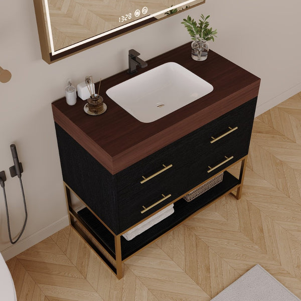 English Elm 36" Sintered Stone Freestanding Bathroom Vanity Soft Close Drawers Gold Hardware Undermount Sink Black/Walnut W3136S00104