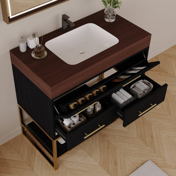 English Elm 36" Sintered Stone Freestanding Bathroom Vanity Soft Close Drawers Gold Hardware Undermount Sink Black/Walnut W3136S00104