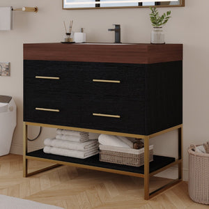 English Elm 36" Sintered Stone Freestanding Bathroom Vanity Soft Close Drawers Gold Hardware Undermount Sink Black/Walnut W3136S00104
