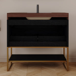 English Elm 36" Sintered Stone Freestanding Bathroom Vanity Soft Close Drawers Gold Hardware Undermount Sink Black/Walnut W3136S00104