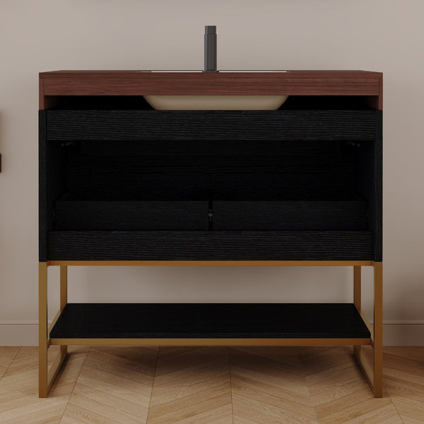 English Elm 36" Sintered Stone Freestanding Bathroom Vanity Soft Close Drawers Gold Hardware Undermount Sink Black/Walnut W3136S00104