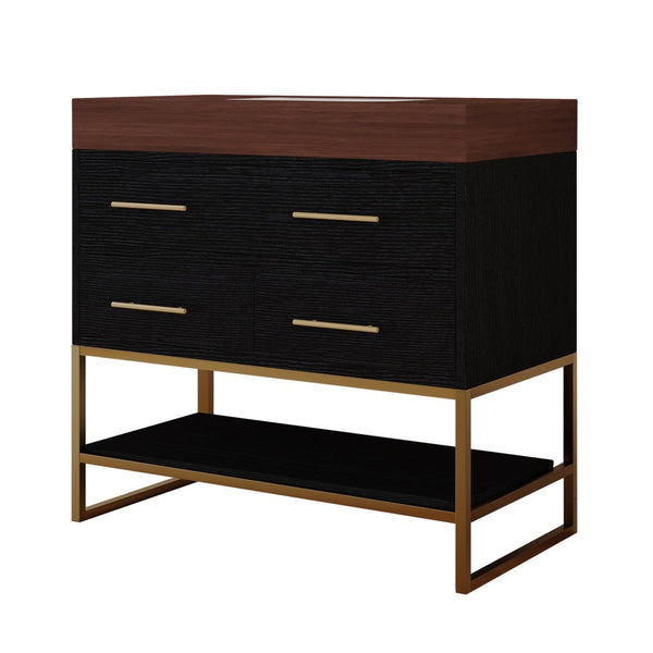 English Elm 36" Sintered Stone Freestanding Bathroom Vanity Soft Close Drawers Gold Hardware Undermount Sink Black/Walnut W3136S00104