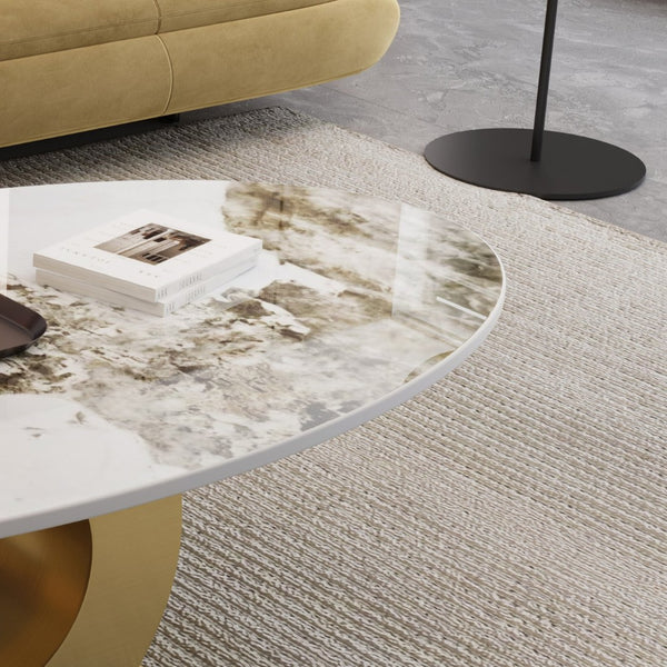 English Elm Modern Oval Sintered Stone Top Coffee Table with Brushed Steel Base for Living Room W3136S00105