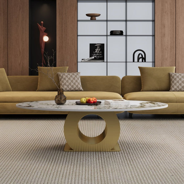 English Elm Modern Oval Sintered Stone Top Coffee Table with Brushed Steel Base for Living Room W3136S00105