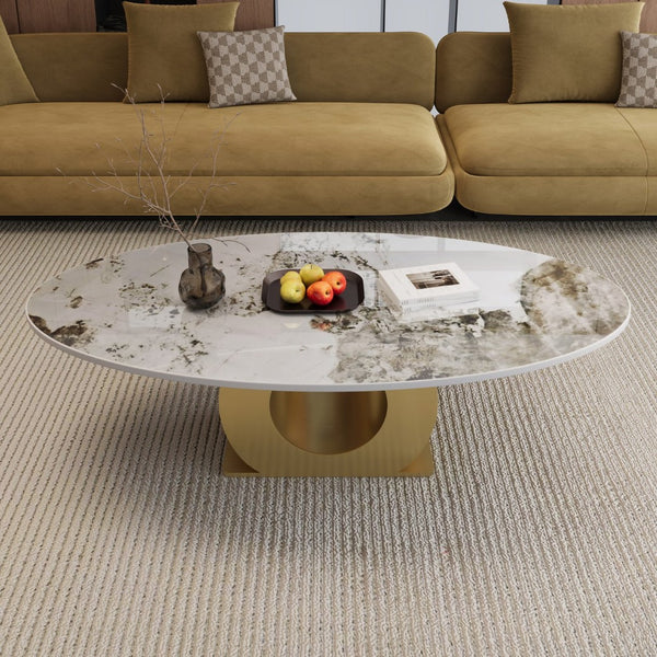 English Elm Modern Oval Sintered Stone Top Coffee Table with Brushed Steel Base for Living Room W3136S00105