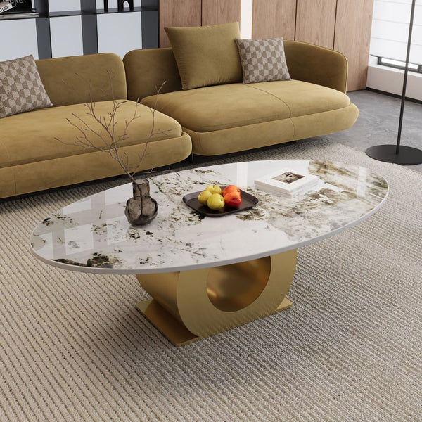 English Elm Modern Oval Sintered Stone Top Coffee Table with Brushed Steel Base for Living Room W3136S00105