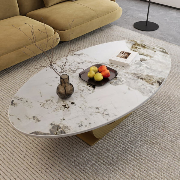 English Elm Modern Oval Sintered Stone Top Coffee Table with Brushed Steel Base for Living Room W3136S00105