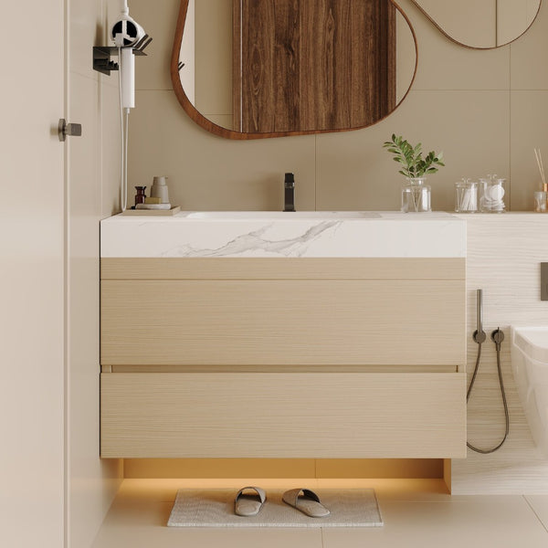 English Elm 29.9 Floating Bathroom Vanity Sintered Stone Top Ceramic Undermount Sink Two Drawers White, Wood - A W3136S00106