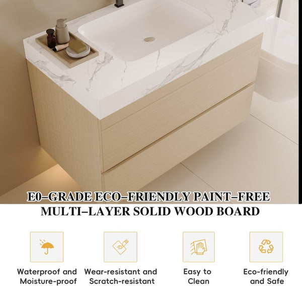 English Elm 29.9 Floating Bathroom Vanity Sintered Stone Top Ceramic Undermount Sink Two Drawers White, Wood - A W3136S00106