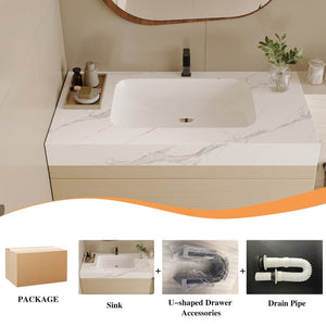 English Elm 29.9 Floating Bathroom Vanity Sintered Stone Top Ceramic Undermount Sink Two Drawers White, Wood - A W3136S00106