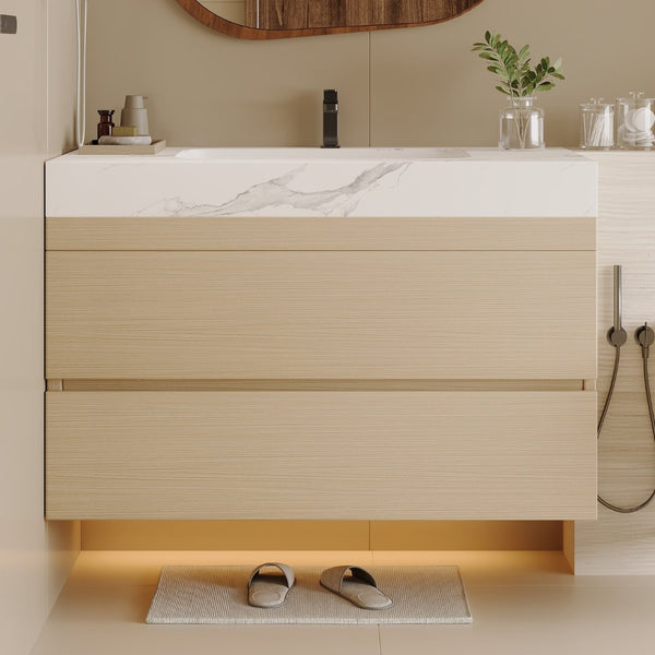 English Elm 29.9 Floating Bathroom Vanity Sintered Stone Top Ceramic Undermount Sink Two Drawers White, Wood - A W3136S00106