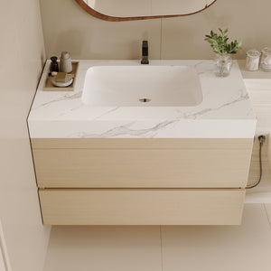 English Elm 29.9 Floating Bathroom Vanity Sintered Stone Top Ceramic Undermount Sink Two Drawers White, Wood - A W3136S00106