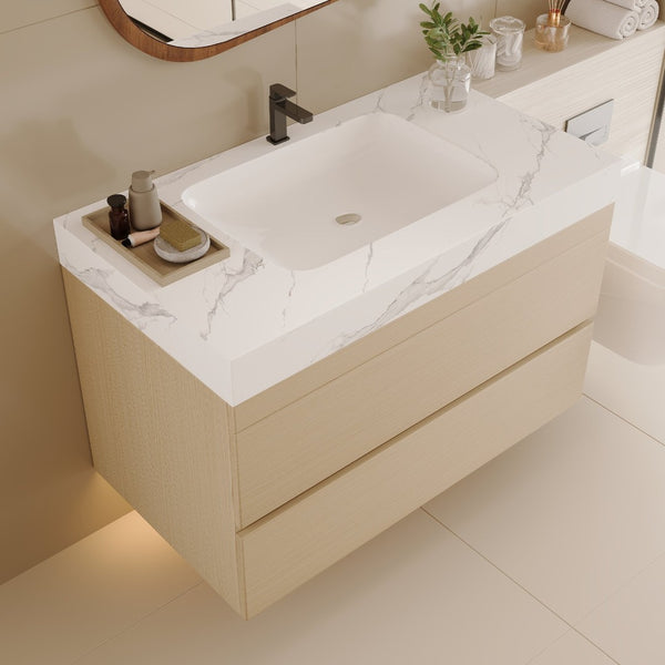 English Elm 29.9 Floating Bathroom Vanity Sintered Stone Top Ceramic Undermount Sink Two Drawers White, Wood - A W3136S00106