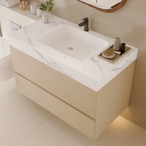 English Elm 29.9 Floating Bathroom Vanity Sintered Stone Top Ceramic Undermount Sink Two Drawers White, Wood - A W3136S00106
