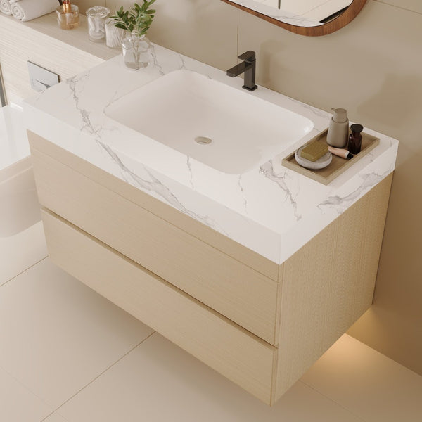 English Elm 29.9 Floating Bathroom Vanity Sintered Stone Top Ceramic Undermount Sink Two Drawers White, Wood - A W3136S00106