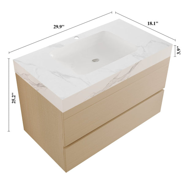 English Elm 29.9 Floating Bathroom Vanity Sintered Stone Top Ceramic Undermount Sink Two Drawers White, Wood - A W3136S00106