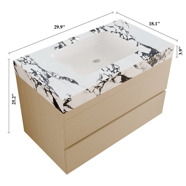 English Elm 29.9 Floating Bathroom Vanity Sintered Stone Top Ceramic Undermount Sink Two Drawers White, Wood - B W3136S00107