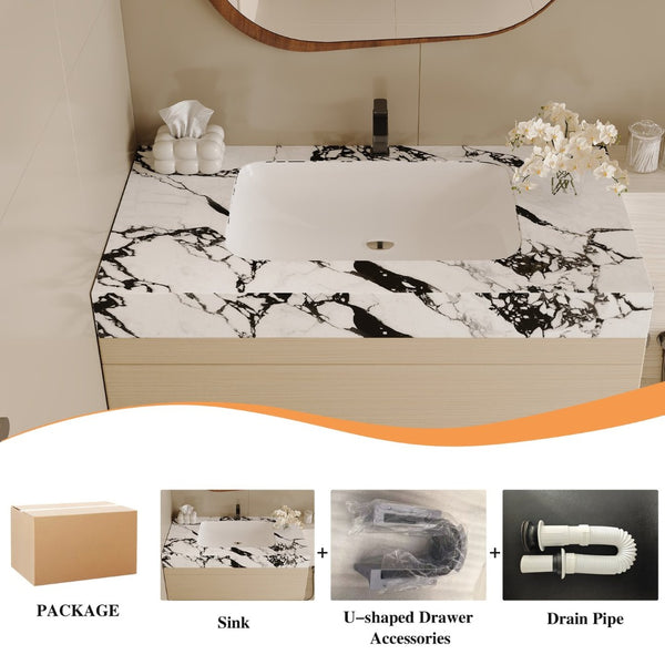 English Elm 29.9 Floating Bathroom Vanity Sintered Stone Top Ceramic Undermount Sink Two Drawers White, Wood - B W3136S00107