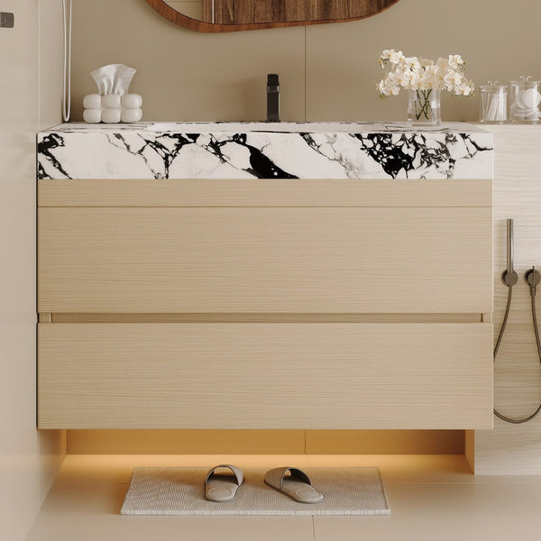 English Elm 29.9 Floating Bathroom Vanity Sintered Stone Top Ceramic Undermount Sink Two Drawers White, Wood - B W3136S00107