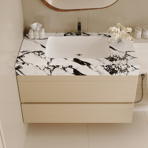 English Elm 29.9 Floating Bathroom Vanity Sintered Stone Top Ceramic Undermount Sink Two Drawers White, Wood - B W3136S00107