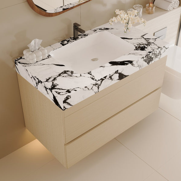 English Elm 29.9 Floating Bathroom Vanity Sintered Stone Top Ceramic Undermount Sink Two Drawers White, Wood - B W3136S00107