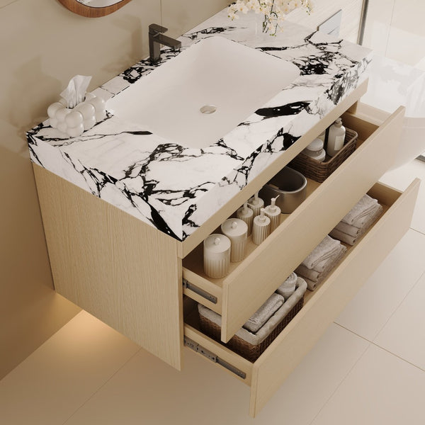 English Elm 29.9 Floating Bathroom Vanity Sintered Stone Top Ceramic Undermount Sink Two Drawers White, Wood - B W3136S00107