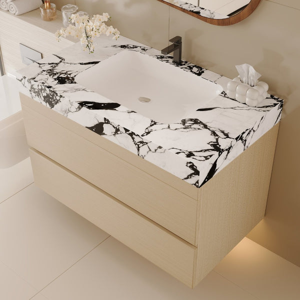 English Elm 29.9 Floating Bathroom Vanity Sintered Stone Top Ceramic Undermount Sink Two Drawers White, Wood - B W3136S00107