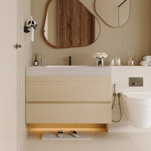 English Elm 29.9 Floating Bathroom Vanity Sintered Stone Top Ceramic Undermount Sink Two Drawers Stone Gray, Wood W3136S00108