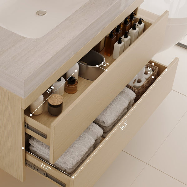 English Elm 29.9 Floating Bathroom Vanity Sintered Stone Top Ceramic Undermount Sink Two Drawers Stone Gray, Wood W3136S00108