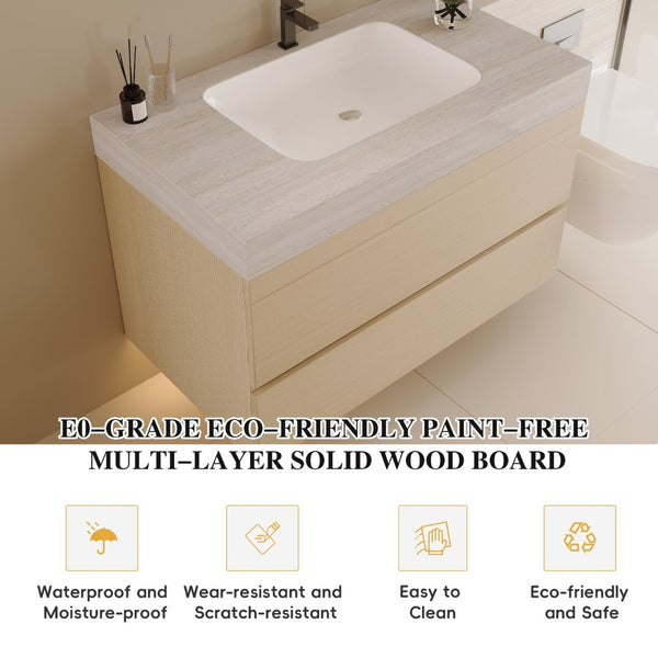 English Elm 29.9 Floating Bathroom Vanity Sintered Stone Top Ceramic Undermount Sink Two Drawers Stone Gray, Wood W3136S00108