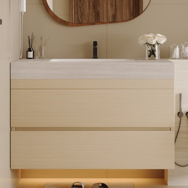 English Elm 29.9 Floating Bathroom Vanity Sintered Stone Top Ceramic Undermount Sink Two Drawers Stone Gray, Wood W3136S00108