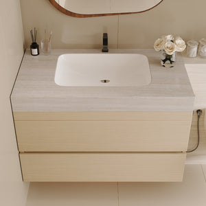 English Elm 29.9 Floating Bathroom Vanity Sintered Stone Top Ceramic Undermount Sink Two Drawers Stone Gray, Wood W3136S00108