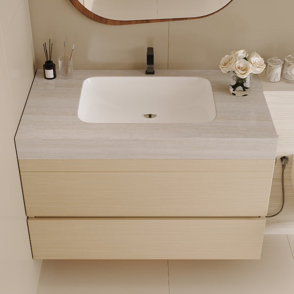 English Elm 29.9 Floating Bathroom Vanity Sintered Stone Top Ceramic Undermount Sink Two Drawers Stone Gray, Wood W3136S00108