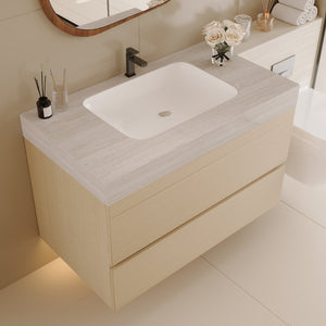 English Elm 29.9 Floating Bathroom Vanity Sintered Stone Top Ceramic Undermount Sink Two Drawers Stone Gray, Wood W3136S00108