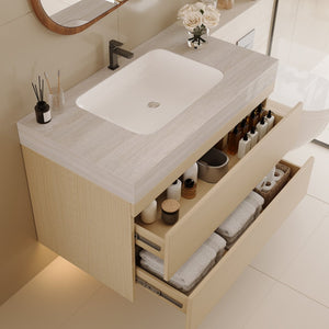 English Elm 29.9 Floating Bathroom Vanity Sintered Stone Top Ceramic Undermount Sink Two Drawers Stone Gray, Wood W3136S00108