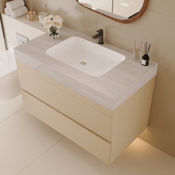 English Elm 29.9 Floating Bathroom Vanity Sintered Stone Top Ceramic Undermount Sink Two Drawers Stone Gray, Wood W3136S00108
