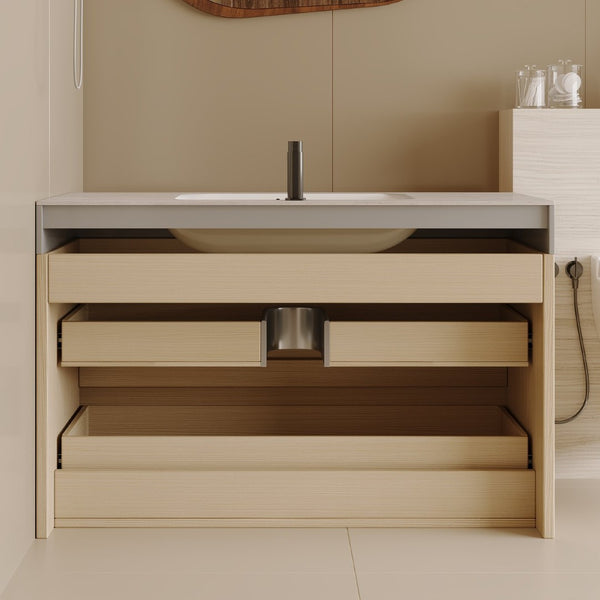 English Elm 29.9 Floating Bathroom Vanity Sintered Stone Top Ceramic Undermount Sink Two Drawers Stone Gray, Wood W3136S00108